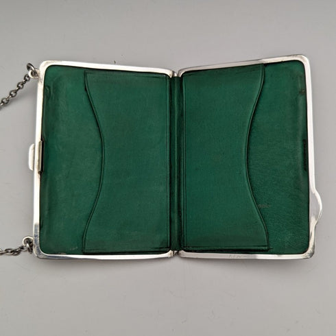 1913 British Antique Pure Silver Card Case with Chain 73g William Henry Sparrow